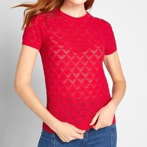 ModCloth Pointelle Red Sheer Sexy Knit Short Sleeve Sweater Top Medium